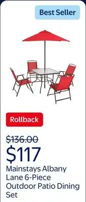 Walmart Mainstays Albany Lane Steel 6-Piece Outdoor Patio Dining Set with Umbrella, Red offer