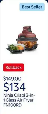 Walmart Ninja Crispi Glass Air Fryer 4-Qt, 3-in-1, Air Fry Recrisp, Portable, Dishwasher Safe, FN100RD Red offer