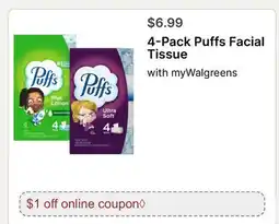 Walgreens 4-Pack Puffs Facial Tissue offer