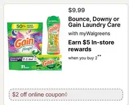 Walgreens Bounce, Downy or Gain Laundry Care offer