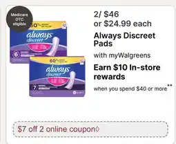 Walgreens Always Discreet Pads offer