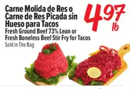 El Super Fresh Ground Beef 73% Lean or Fresh Boneless Beef Stir Fry for Tacos Sold in The Bag offer