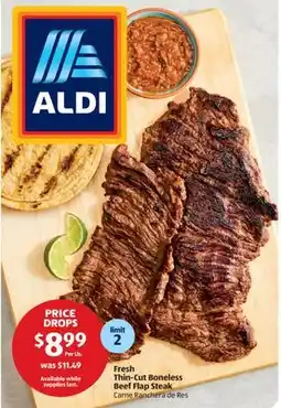 Aldi Fresh Thin-Cut Boneless Beef Flap Steak offer