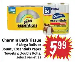 Foodmaxx Charmin Bath Tissue 6 Mega Rolls or Bounty Essentials Paper Towels 4 Double Rolls offer