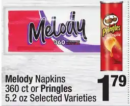 Super King Markets Melody Napkins 360 ct or Pringles 5.2 oz offer