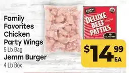 Tony’s Fresh Market Family Favorites Chicken Party Wings 5 Lb Bag Jemm Burger 4 Lb Box offer