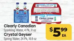 Tony’s Fresh Market Clearly Canadian Sparkling Water, 4 Pk, 11 oz Crystal Geyser Spring Water, 24 Pk, 16.9 oz offer