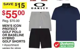Dunham's Sports OAKLEY MEN'S ICON PROTECT GOLF POLO OR BASELINE HYBRID GOLF SHORTS offer
