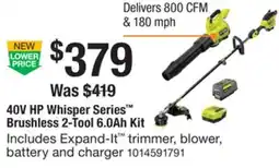The Home Depot RYOBI 40V HP Whisper Series Brushless 2-Tool 6.0Ah Kit offer
