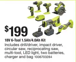 The Home Depot RYOBI ONE 18V 6-Tool 1.5Ah/4.0Ah Kit offer
