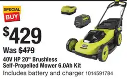 The Home Depot RYOBI 40V HP 20 Brushless Self-Propelled Mower offer