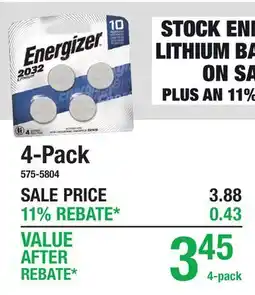 Menards 4-Pack Stock Energizer Lithium Batteries offer