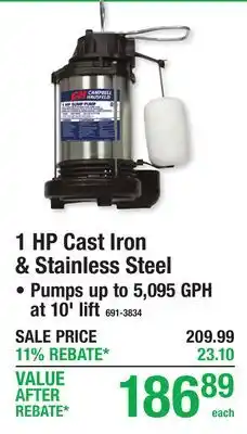 Menards 1 HP Cast Iron & Stainless Steel SUBMERSIBLE SUMP PUMPS offer