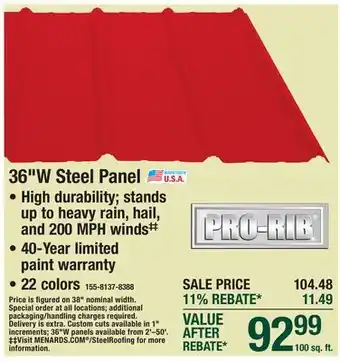 Menards PRO-RIB 36W Steel Panel offer