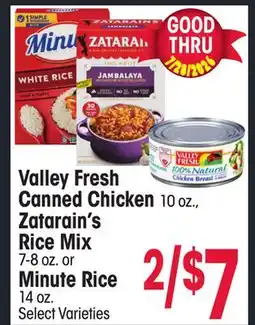 Jewel-Osco Valley Fresh Canned Chicken 10 oz., Zatarain's Rice Mix 7-8 oz. or Minute Rice 14 oz offer