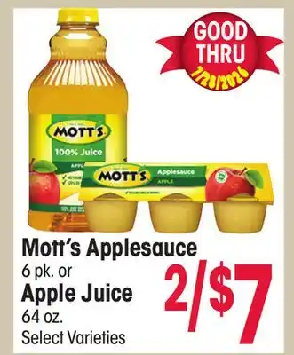 Jewel-Osco Mott's Applesauce 6 pk. or Apple Juice 64 oz offer