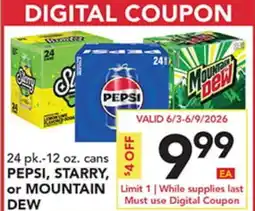 Pete's Fresh Market 24 pk.-12 oz. cans PEPSI, STARRY, or MOUNTAIN DEW offer