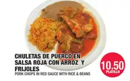 Carnicerias Jimenez CHULETAS DE PUERCO EN SALSA ROJA CON ARROZ Y FRIJOLES offer