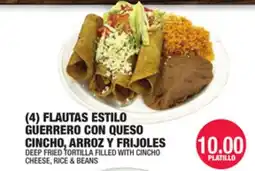 Carnicerias Jimenez (4) FLAUTAS ESTILO GUERRERO CON QUESO CINCHO, ARROZ Y FRIOLES offer