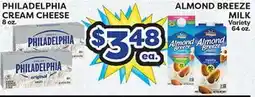 Torres Supermercado PHILADELPHIA CREAM CHEESE 8 oz., ALMOND BREEZE MILK 64 oz offer