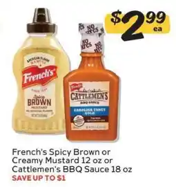 Winn Dixie French's Spicy Brown or Creamy Mustard 12 oz or Cattlemen's BBQ Sauce 18 oz offer