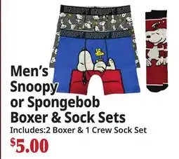 Ocean State Job Lot Men's Snoopy or Spongebob Boxer & Sock Sets offer