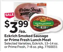 Stop&Shop Eckrich Smoked Sausage or Prime Fresh Lunch Meat offer
