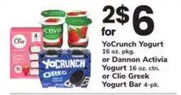 ACME YoCrunch Yogurt 16 oz. pkg. or Dannon Activia Yogurt 16 oz. ctn. or Clio Greek Yogurt Bar 4-pk offer