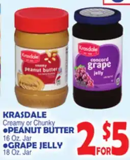 Bravo Supermarkets KRASDALE Creamy or Chunky PEANUT BUTTER, 16 OZ. Jar, GRAPE JELLY, 18 OZ. Jar offer