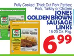 Bravo Supermarkets JONES FULLY COOKED: THICK CUT PORK PATTIES PORK, TURKEY OR CHICKEN JONES GOLDEN BROWN SAUSAGE LINKS offer