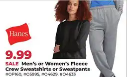 Runnings Hanes Men's or Women's Fleece Crew Sweatshirts or Sweatpants offer