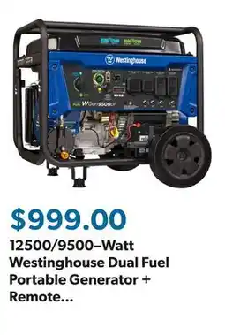 Sam's Club 12500/9500–Watt Westinghouse Dual Fuel Portable Generator + Remote Electric Start offer