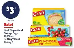 Family Dollar Glad Zipper Food Storage Bags 22‑100 ct. or Cling'N Seal 200 sq. ft offer