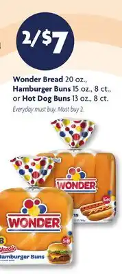 Family Dollar Wonder Bread 20 oz., Hamburger Buns 15 oz., 8 ct., or Hot Dog Buns 13 oz., 8 ct offer