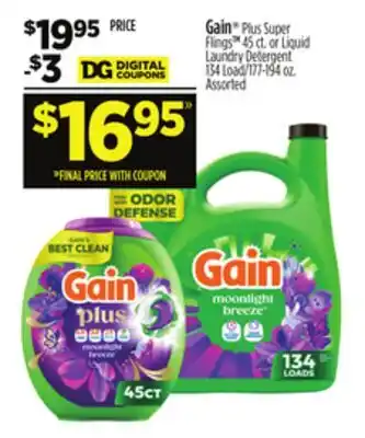 Dollar General Gain Plus Super Flings 45 ct. or Liquid Laundry Detergent 134 Load/177-194 oz offer