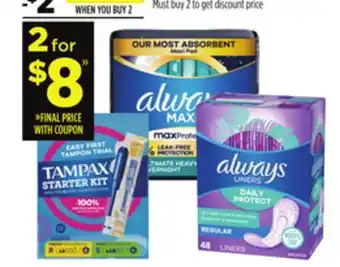 Dollar General Tampax Tampons 12-18 ct. or Always Liners 40-72 ct. or Pads 20 ct. or Less offer