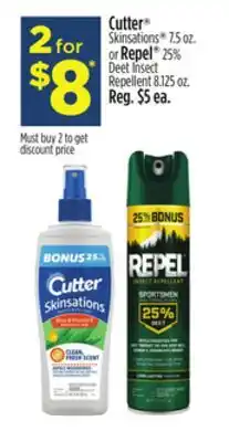 Dollar General Cutter Skinsations 7.5 oz. or Repel 25% Deet Insect Repellent 8.125 oz offer
