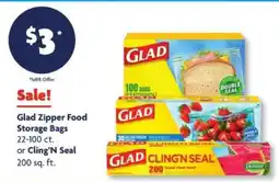 Family Dollar Glad Zipper Food Storage Bags or Cling'N Seal offer