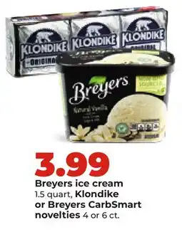 Hy-Vee Breyers ice cream 1.5 quart, Klondike or Breyers CarbSmart novelties 4 or 6 ct offer