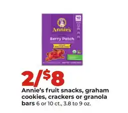 Hy-Vee Annie's fruit snacks, graham cookies, crackers or granola bars offer