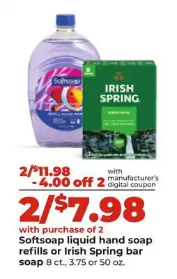 Hy-Vee Softsoap liquid hand soap refills or Irish Spring bar soap offer