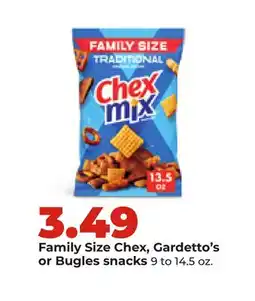 Hy-Vee Family Size Chex, Gardetto's or Bugles snacks offer