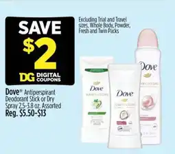 Dollar General Dove Antiperspirant Deodorant Stick or Dry Spray offer