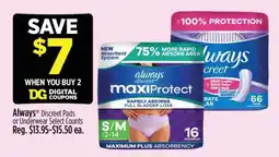 Dollar General Always Discreet Pads or Underwear offer