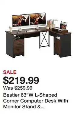 Office Depot Bestier 63W L-Shaped Corner Computer Desk With Monitor Stand & Open Storage, Cherry offer