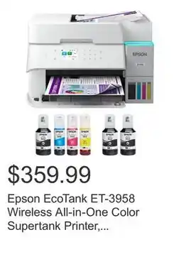 Costco Epson EcoTank ET-3958 Wireless All-in-One Color Supertank Printer, White offer