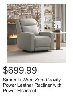 Costco Simon Li Wren Zero Gravity Power Leather Recliner with Power Headrest offer