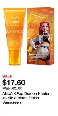 Ulta Beauty ANUA KPop Demon Hunters Invisible Matte Finish Sunscreen offer