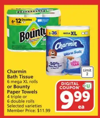 Vons Charmin Bath Tissue 6 mega XL rolls or Bounty Paper Towels 4 triple or 6 double rolls offer