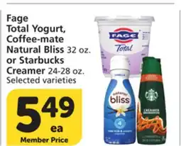 Vons Fage Total Yogurt, Coffee-mate Natural Bliss 32 oz. or Starbucks Creamer 24-28 oz offer